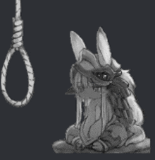 a black and white drawing of a rabbit sitting next to a hanging rope .