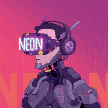 a robot wearing headphones and a virtual reality headset that says neon