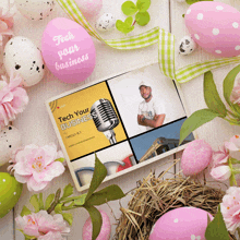 an easter egg that says tech your business is surrounded by flowers