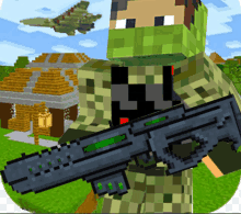 a minecraft character holding a gun in front of a building