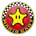 a mario kart logo with a yellow star in the middle of it .