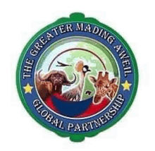 a logo for the greater madingo aweil global partnership with a giraffe , elephant , and bird .