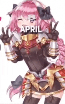 a girl with pink hair and armor is giving a peace sign and smiling .