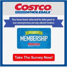 an advertisement for costco wholesale with a gift card and a button that says take the survey now