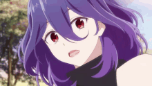 a girl with purple hair and red eyes