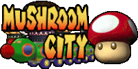 a logo for mushroom city with a red mushroom on it