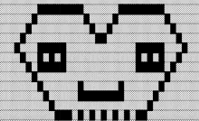 a black and white pixel art of a skull with a smiley face on a striped background .