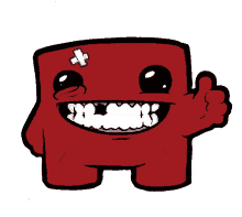 a red cartoon character with a white cross on its head gives a thumbs up