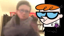 a boy wearing glasses and a dexter cartoon character