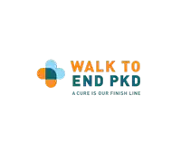 a logo for walk to end pkd with a blue and orange cross