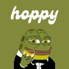 a green frog in a tuxedo is holding a glass of beer and the word hoppy is on the bottom