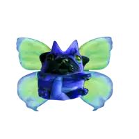 a purple pug with green wings and a crown