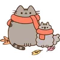 two cartoon cats wearing scarves are standing next to each other .