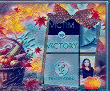 a painting of a woman holding a pumpkin and a book titled victim to victory by tracy cook