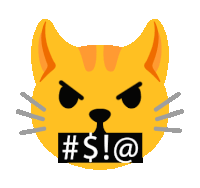 an angry cat with a # $ ! @ sign in its mouth