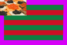 a green red and white striped flag with a purple background