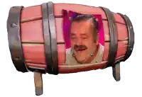 a red barrel with a picture of a man laughing on it