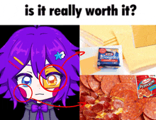 a girl with purple hair is surrounded by cheese and pepperoni and the question is is it really worth it