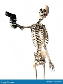 a 3d rendering of a skeleton holding a gun .