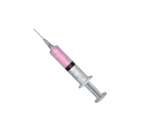 a pink syringe with a needle on a white background .