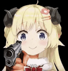 a blonde anime girl with horns is pointing a gun at the camera .