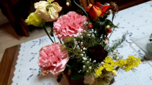 a vase filled with pink and yellow flowers sits on a table cloth