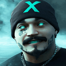 a man wearing a beanie with a blue x on it