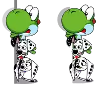 a cartoon of a dalmatian and a yoshi looking at each other