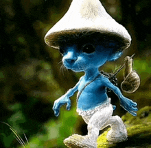 a smurf wearing a mushroom hat is walking on a log