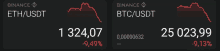 a screenshot of the binance eth / usdt and btc / usdt