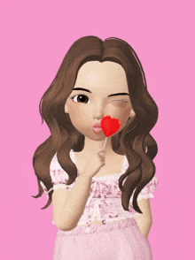 a cartoon girl is holding a red heart in her hand