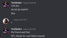 a screenshot of a conversation between tochkadev thx bro and btw