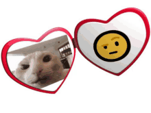 two heart shaped mirrors with a cat and a smiley face on them