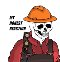 a cartoon drawing of a skeleton wearing a hard hat and holding a gun with the words " my honest reaction " above him