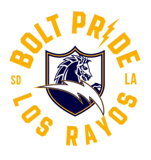 a logo for bolt pride los rayos with a horse and lightning bolts