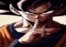 goku from dragon ball z is holding his finger to his mouth .