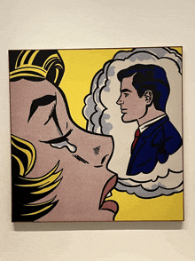 a painting of a woman kissing a man with a speech bubble above them