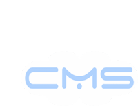 a light blue cms logo is on a white background