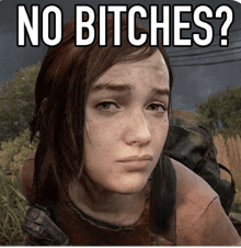 a picture of a girl with the words " no bitches " on top