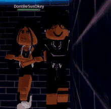 a boy and a girl are standing next to each other in a dark room with the name dontbesusokey below them