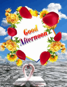 a card that says good afternoon with flowers and swans