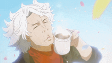 a man with white hair is drinking a cup of coffee with his eyes closed