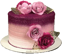 a pink and purple cake with pink roses and leaves