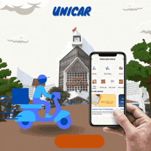 a person is holding a cell phone with the word unicar on the top