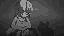 a black and white drawing of a girl petting a cat that says cat on it