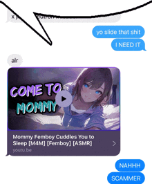 a screenshot of a video that says " come to mommy "