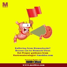 an advertisement for meddco shows a cartoon of a stomach holding a flag