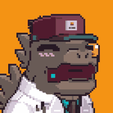 a pixel art drawing of a gorilla wearing a hat with the letter e on it