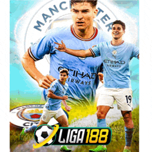 a manchester city soccer player is featured on a liga 188 poster