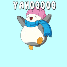 a penguin wearing a pink hat and a blue scarf with the words yahoo on the bottom